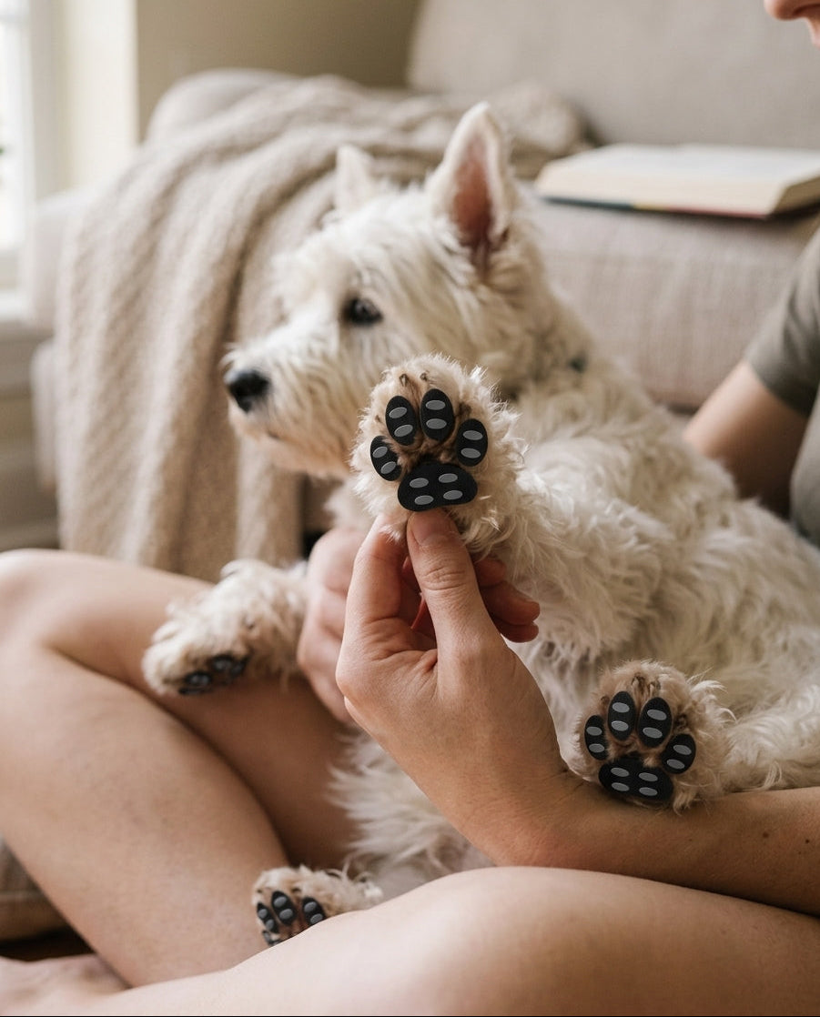Owner holding a small white dog's paw fitted with a grip pad