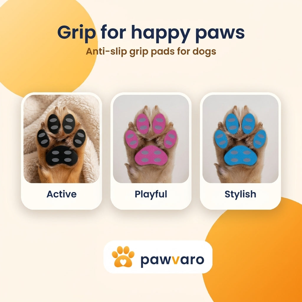 Grip pads shown fitted on three different dog paws