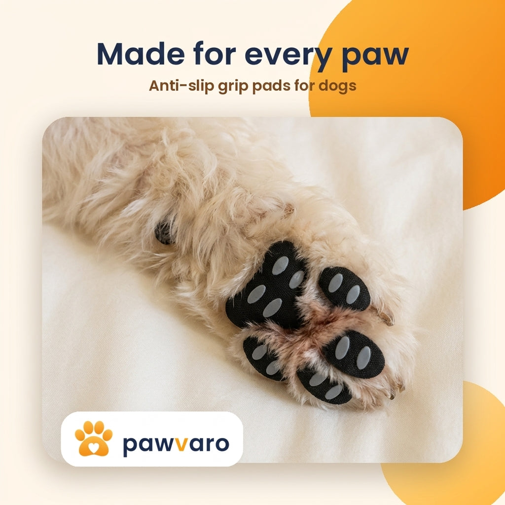 Black grip pads applied to a fluffy dog's paw pads