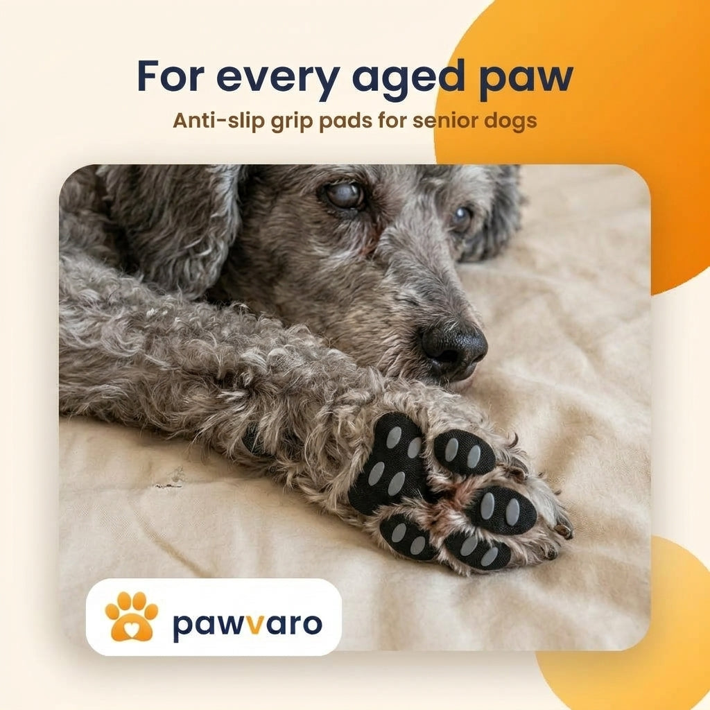 Senior dog resting with Pawvaro black grip pads on its paws